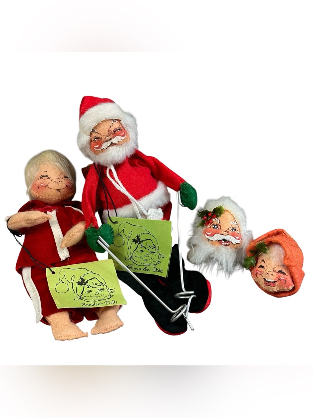Vintage Annalee Mobilitee Dolls Christmas Lot of 4 Santa Mrs Claus Elf Ornaments